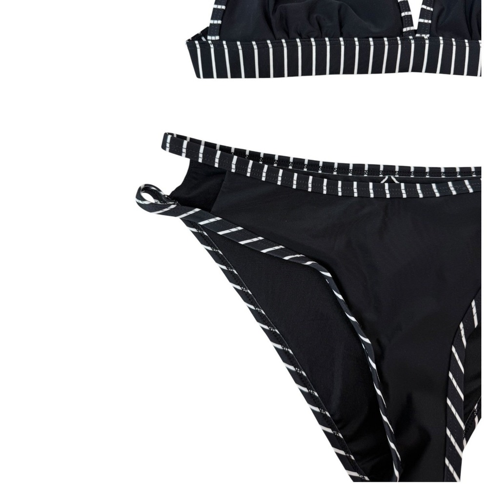 Cupshe NWT Black White Stripe V-Neck Double Strap Bikini Hip Cutout Set Small S - Picture 8 of 13